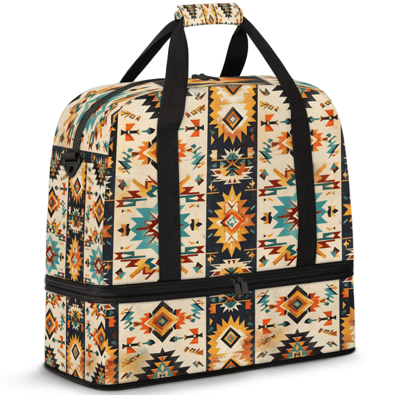 Herdesigns Boho Aztec Western Foldable Travel Duffel Bag with Shoe Compartment, Weekend Overnight Carry On Bags for Men Women, Large Sports Gym Luggage
