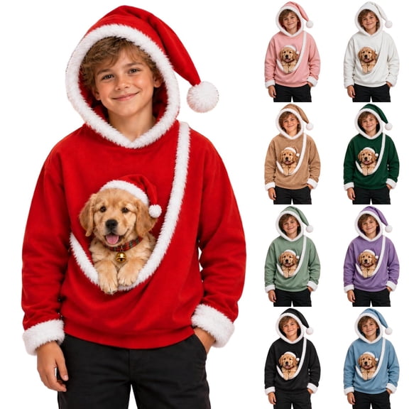 Kids Girls Boys Cat Pouch Hoodie Pet Carrier Oversized Kangaroo Pocket Pullover Sweatshirt Soft Fleece Hoodie with Dog Pouch Warm Fall Fashion Animal Holder Hooded Sweatshirts