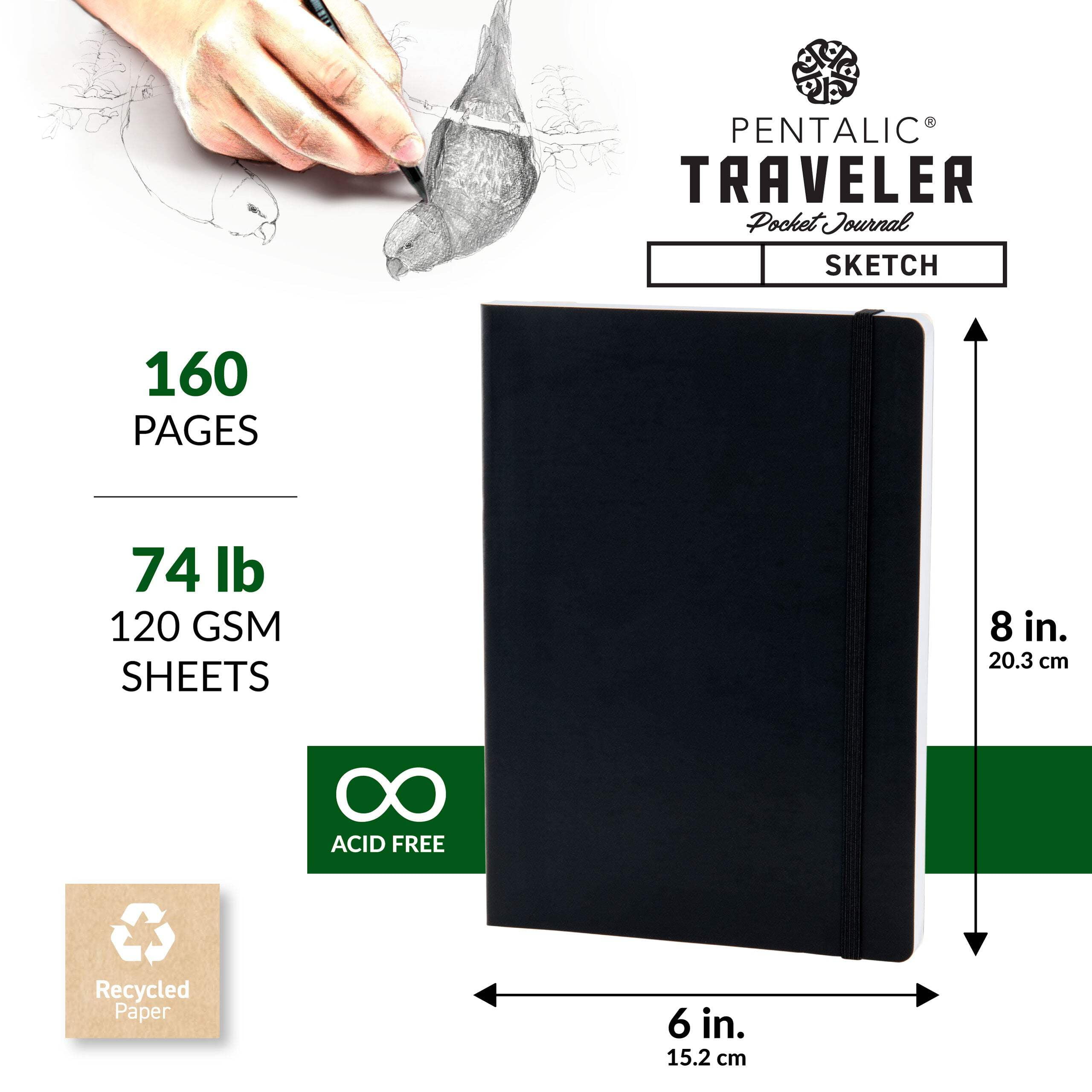 (4 pack) Pentalic Traveler - 6"x 8" Drawing Pocket Artist Drawing Journal Brown Cover, 160 Pages, 74 lb. Paper