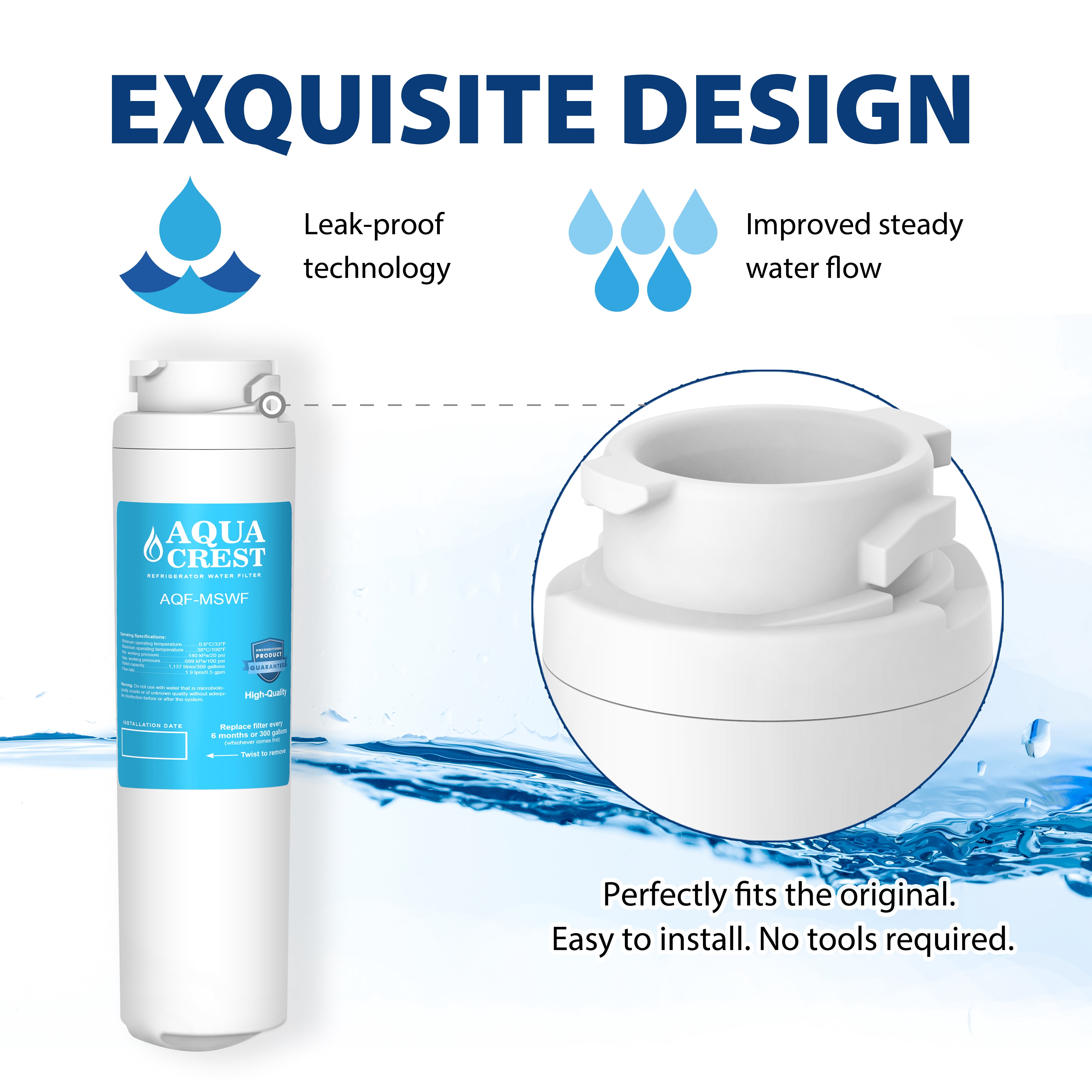 3 Pack AQUACREST MSWF Replacement for GE® MSWF Refrigerator Water Filter