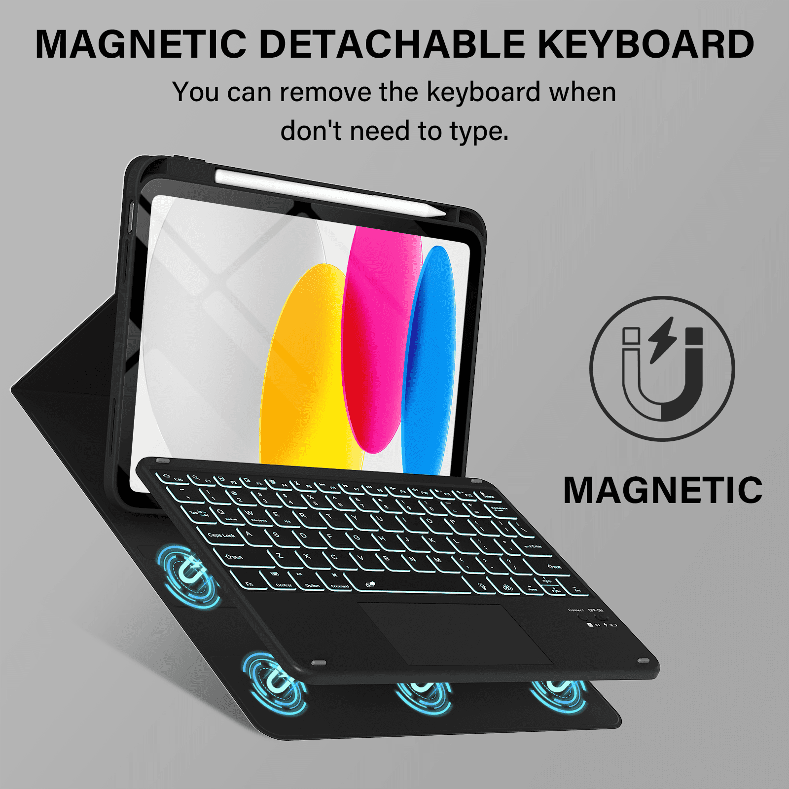 Kenke Keyboard Case Compatible for iPad (A16) 11/10th Generation 11/10.9 inch 2025/2020, Folio Cover with Pencil Holder, Multi-Touch Trackpad, 7 Color Backlit, Detachable Bluetooth Keyboard, Balck