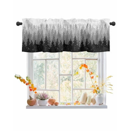Rod Pocket Window Valances Black Gray Gradient Trees Short Kitchen Curtains Abstract Summer Forest Window Treatment Drapes for Bedroom Bathroom Living Room 42x12In 1 Panel