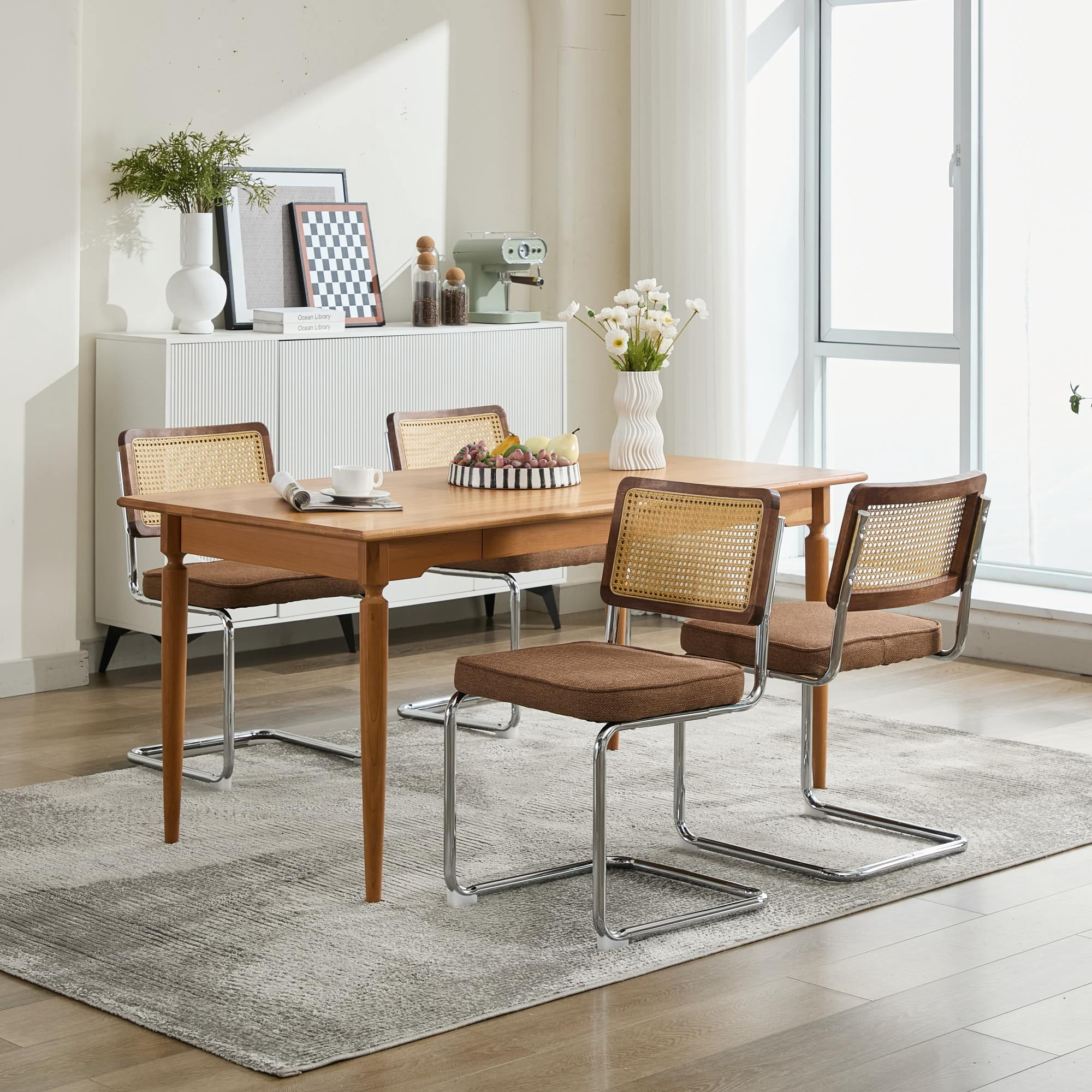Aukfa Linen Dining Chair Set of 2, Cantilever Upholstered Kitchen Side Chairs Accent Chair with Rattan Back & Stainless Chrome BaseCoffee