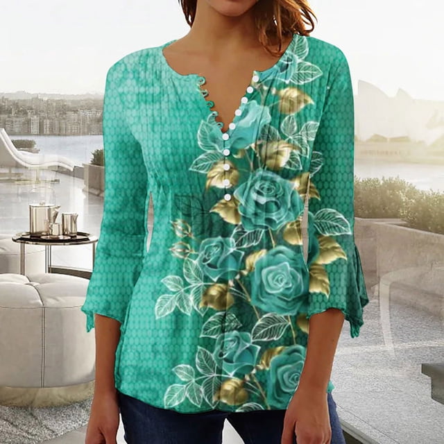 Blouse d'Été Grande Taille à Manches Courtes pour Femmes, Aguichant, Imprimée, Manches 3/4, Col en V, Boutons, en Liquidation