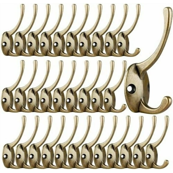 32 Pack Antique Brass Coat Hooks Wall Mounted with 64 Screws Retro Double Hooks Utility Hooks for Coat, Scarf, Bag, Towel, Key, Cap, Cup, Hat