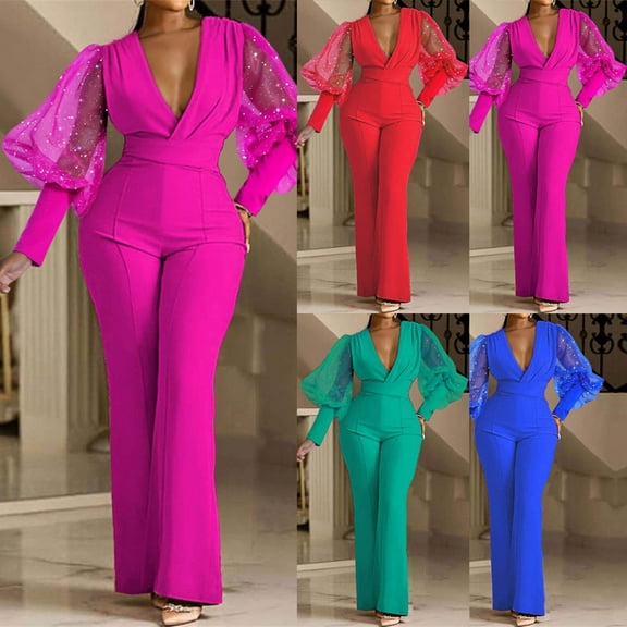 Utoimkio Women's Mesh Sequins Long Sleeve Jumpsuits for Women Winter Solid V Neck Party Clubwear Rompers Straight Leg Long Pants