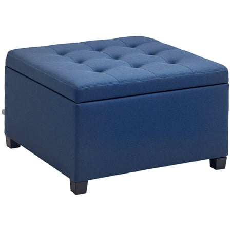 HOMCOM Fabric Tufted Storage Ottoman with Flip Top Seat Lid Metal Hinge and Stable Eucalyptus Wood Frame for Living Room Entryway or Bedroom Blue