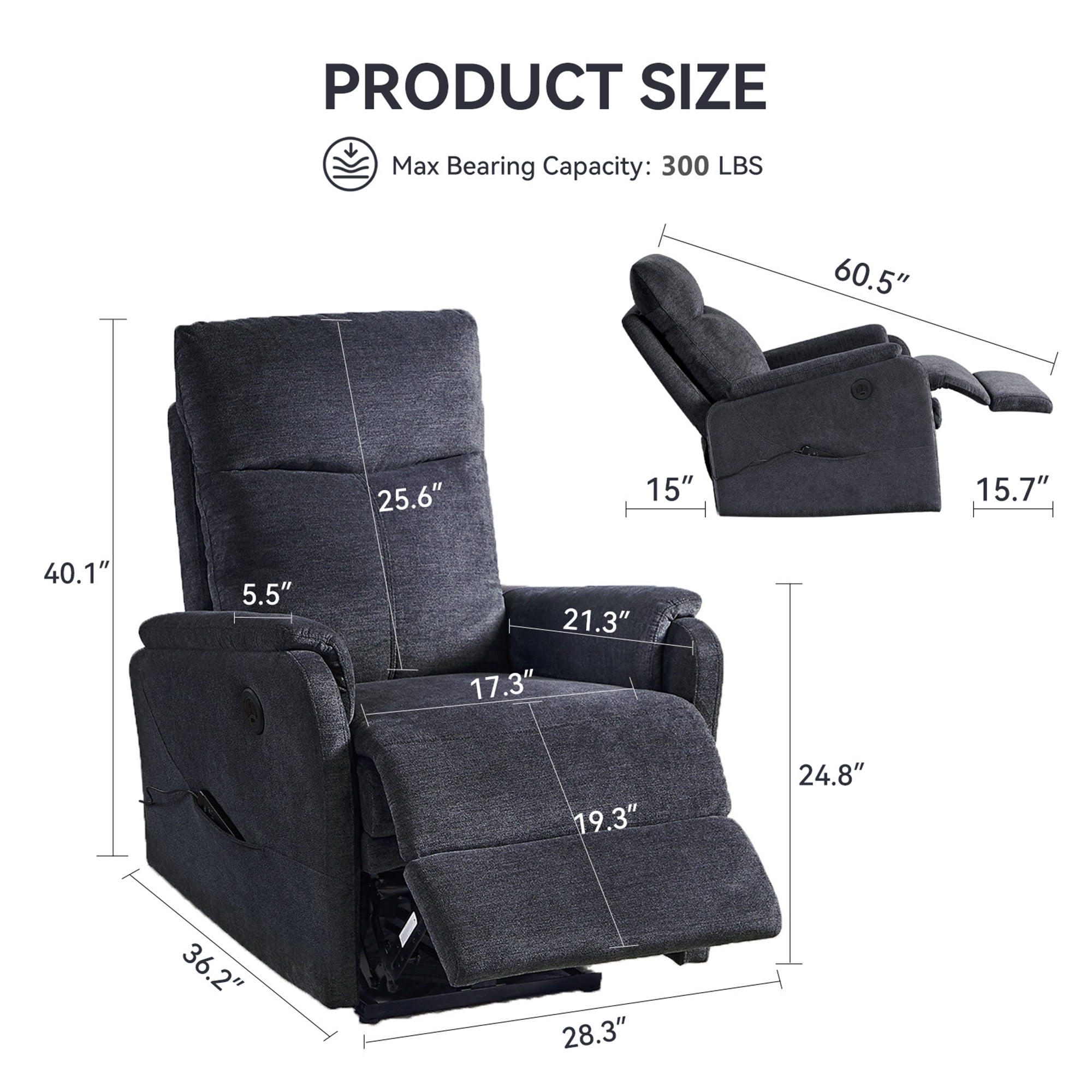 Aukfa Power Recliner Massage Chair with USB for Living Room Bedroom, Velvet, Gray