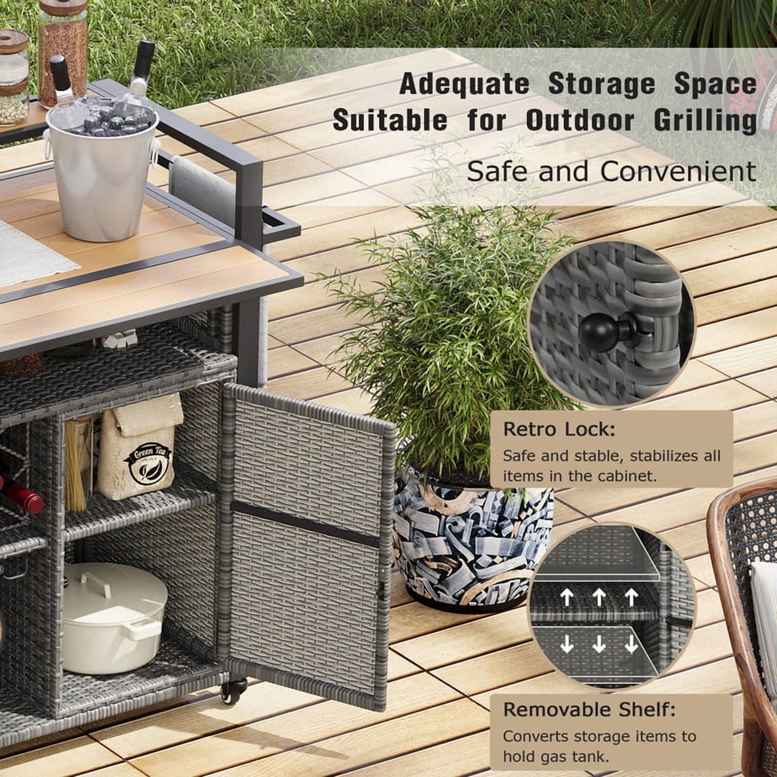 Outdoor Kitchen Island with Extended Plastic Wood Table Top, Wicker Outdoor Grill Cart with Storage Cabinet and Wine Rack for Patio Backyard
