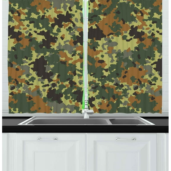 Ambesonne Camo Kitchen Curtains, Classic Germany Pattern, 55"x39", Green Brown Dark Green