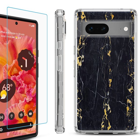 OneToughShield ® for Google Pixel 7a Shockproof Bumper Phone Case, with Tempered Glass Screen Protector - Marble / Gold/Black