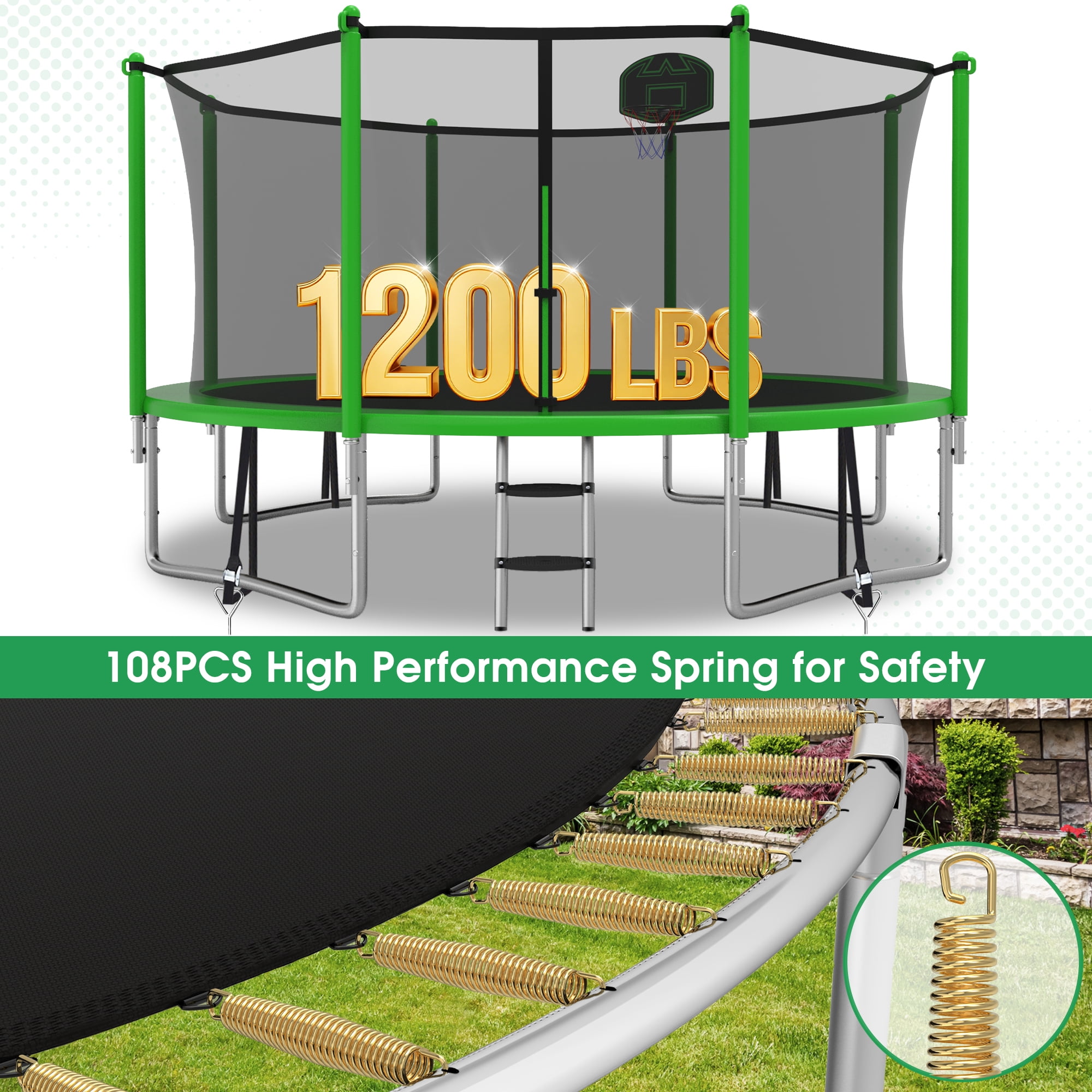 LHX 12FT 14FT 16FT Trampoline with Enclosure Net, Outdoor Trampolines for Kids Adults, Backyard Recreational Trampoline with Basketball Hoop, Ladder, Heavy Duty, 1200 lbs Weight Loading, Round