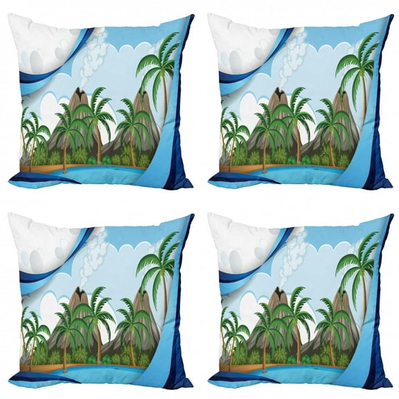 Graphic Beach Throw Pillow Cushion Case Pack of 4, Cartoon Illustration of Exotic Volcano Island with Palm Trees and Ocean Print, Modern Accent Double-Sided Print, 4 Sizes, Multicolor, by Ambesonne