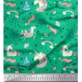 thumbnail image 1 of Soimoi Green Heavy Satin Fabric Unicorn & Rainbow Nature Printed Fabric 1 Yard 54 Inch Wide, 1 of 5