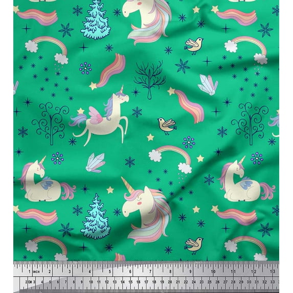 Soimoi Green polyester Crepe Fabric Unicorn & Rainbow Nature Print Fabric by Yard 52 Inch Wide