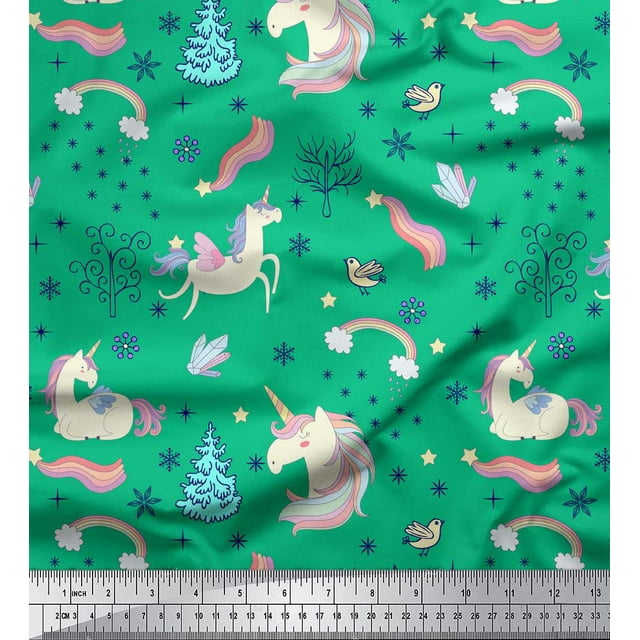 Soimoi Green Georgette Viscose Fabric Unicorn & Rainbow Nature Decor Fabric Printed Yard 42 Inch Wide