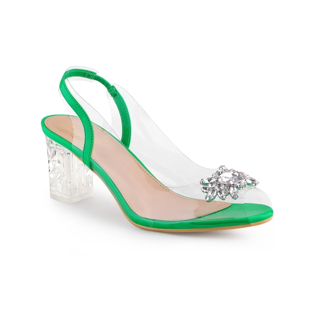 BLISSFUL STEP Women's Clear Slingback Rhinestone Peep Toe Block Heels Sandals Green (Size 8.5)