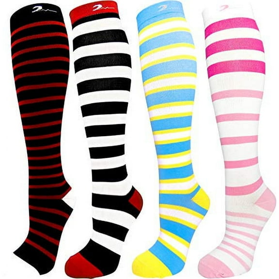 4 Pair Extra Soft, Colorful Moderate Graduated Compression Socks 15-20 mmHg. Nurses, Running, Travel, Mens & Womens Comfort Blend. Fun, Stylish Knee-High Designs. Multi-color Stripe. Medium