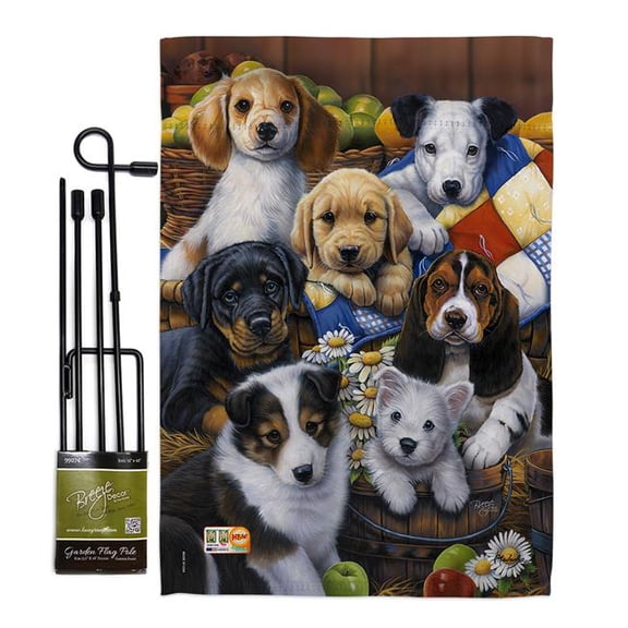 Breeze Decor BD-PT-GS-110049-IP-BO-D-US12-AL 13 x 18.5 in. Country Bumpkin Puppies Nature Pets Vertical Double Sided Mini Garden Flag Set with Banner Pole