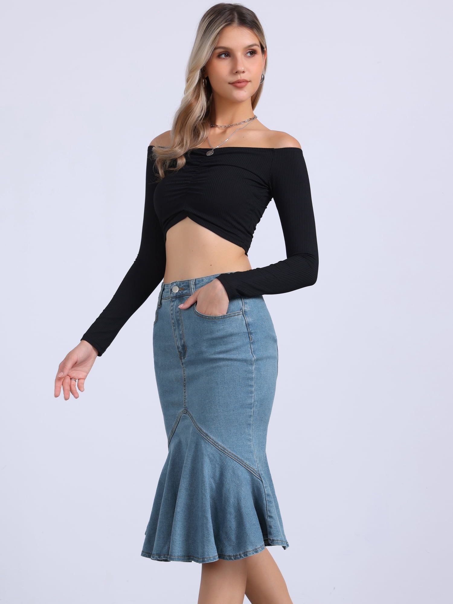 DARING DIVA Women's Casual  Denim Jean Bodycon Ruffles Fishtail Skirts S Light Blue