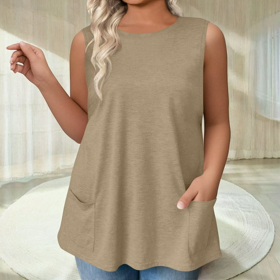 ylioge L-4X Womens Plus Size Tank Tops with Pockets Sleeveless Crewneck Vests Ladies Casual Solid Color Loose Pullover Going-Out Loungewear Cami Top