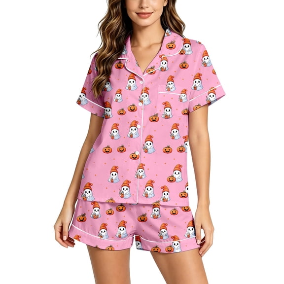 XINPING Women Halloween Pajamas Halloween Print Notch Lapel Short Sleeve Pajama Shorts Two Piece Outfit L