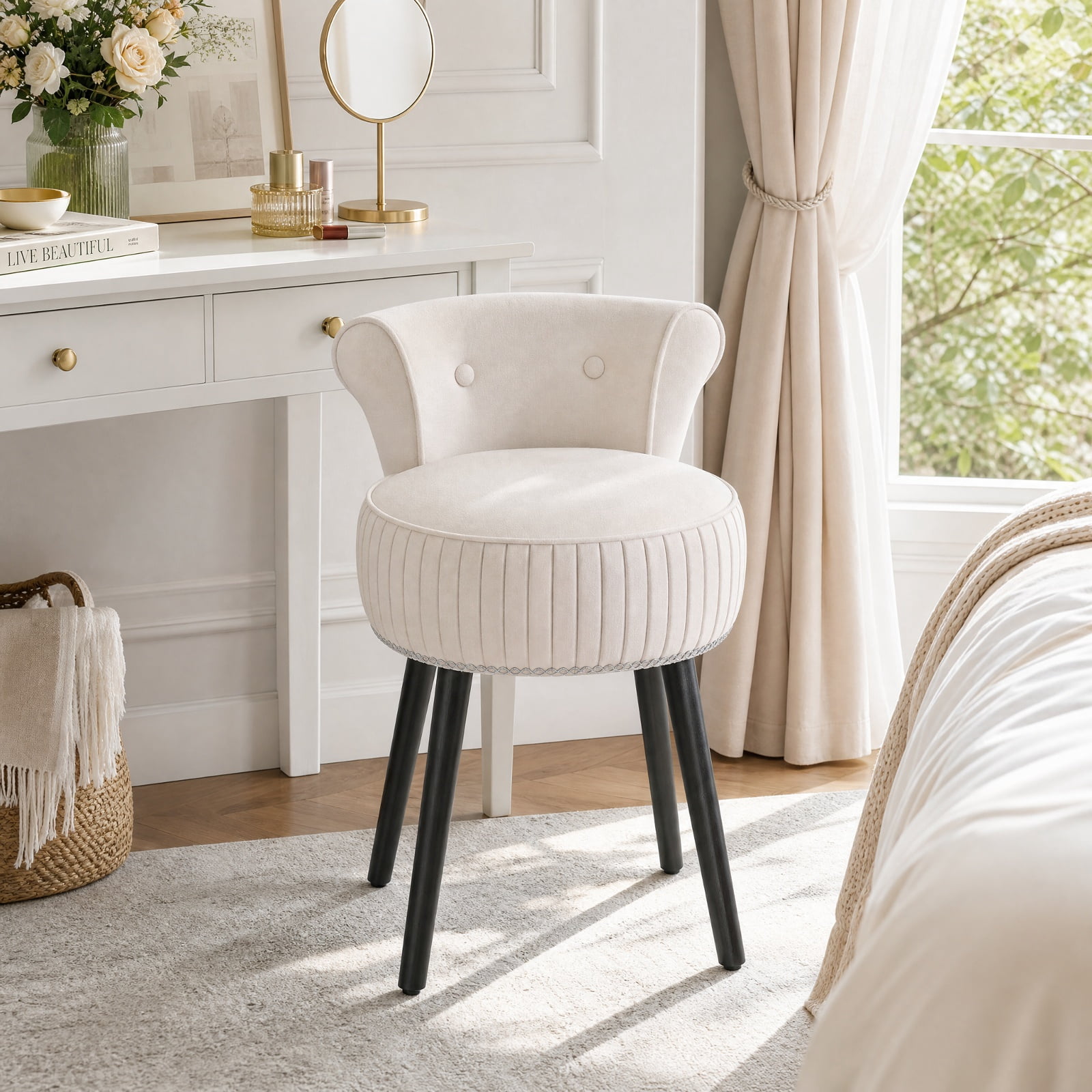 Furnibear Velvet Vanity Chair Upholstered Stool with Tufted Back and Wood Legs