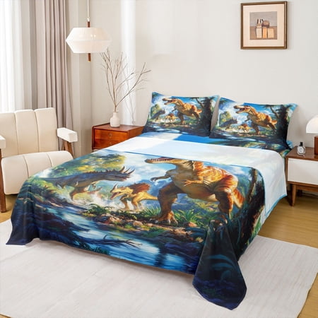 Feelyou 3D Dinosaur Animal Full Size Sheets for Kids Boys Teens Jungle Prehistoric Dino Bed Sheets Blue 4pcs