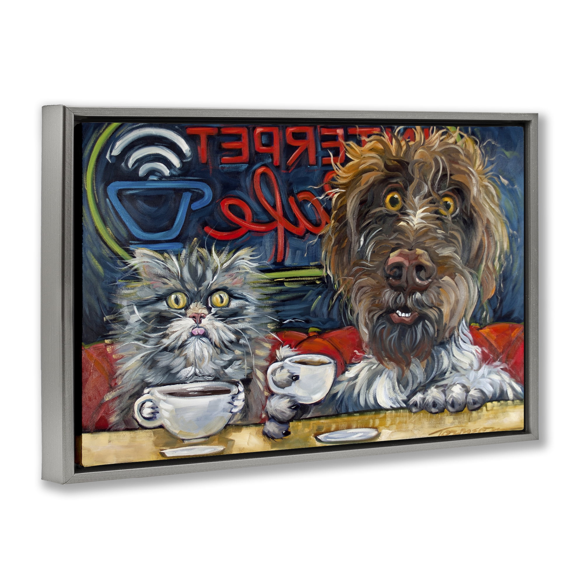 Stupell Industries Pets Wired At The Cafe Gray Framed Floater Canvas Wall Art, design by CR Townsend