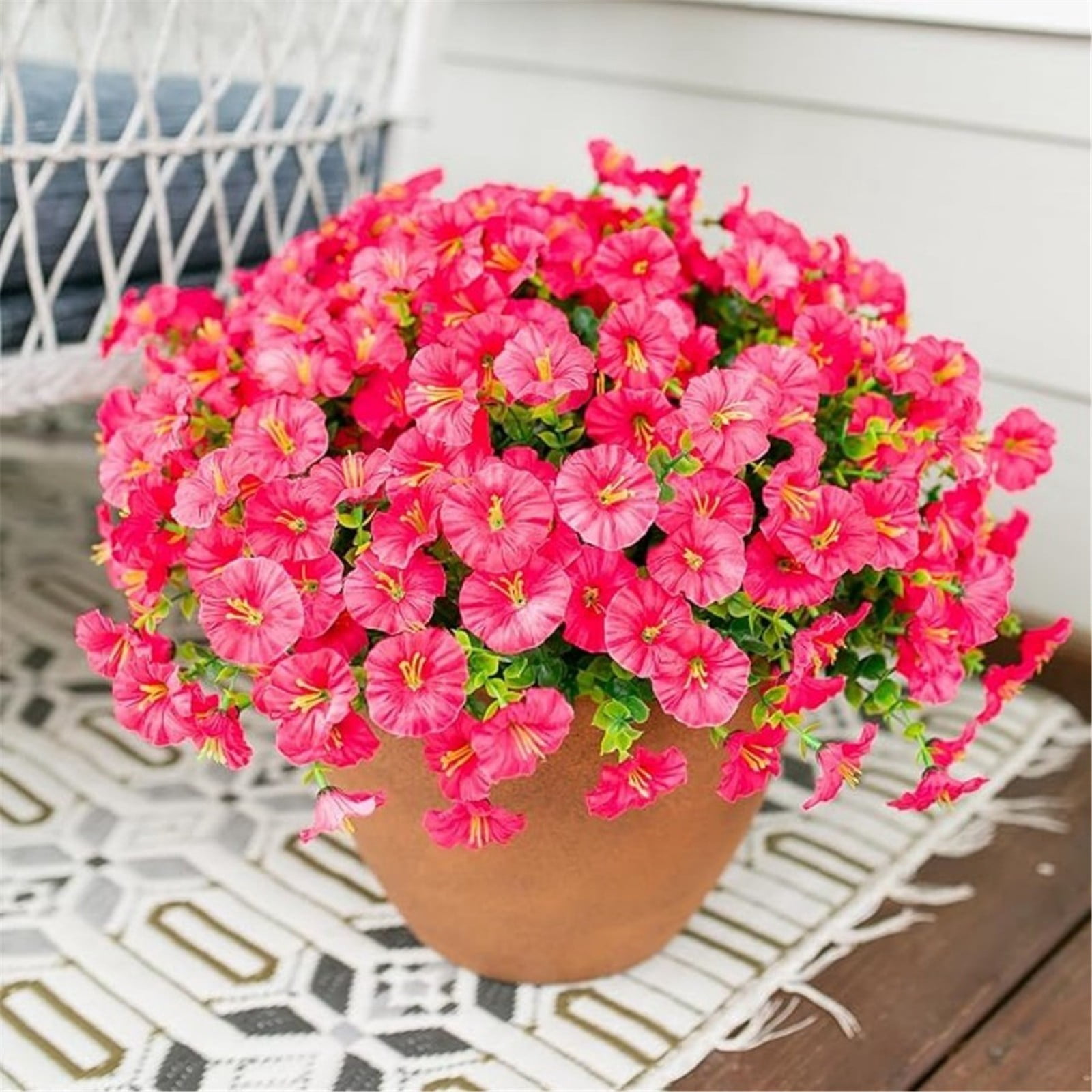 PPKVUFD Artificial Flowers for Outdoors Fake Plants Outside Decoration, 1 Bundles Silk Colorful Morning Glory with Eucalyptus UV Resistant Realistic Faux Flowers for Planter Porch Patio Yard Garden