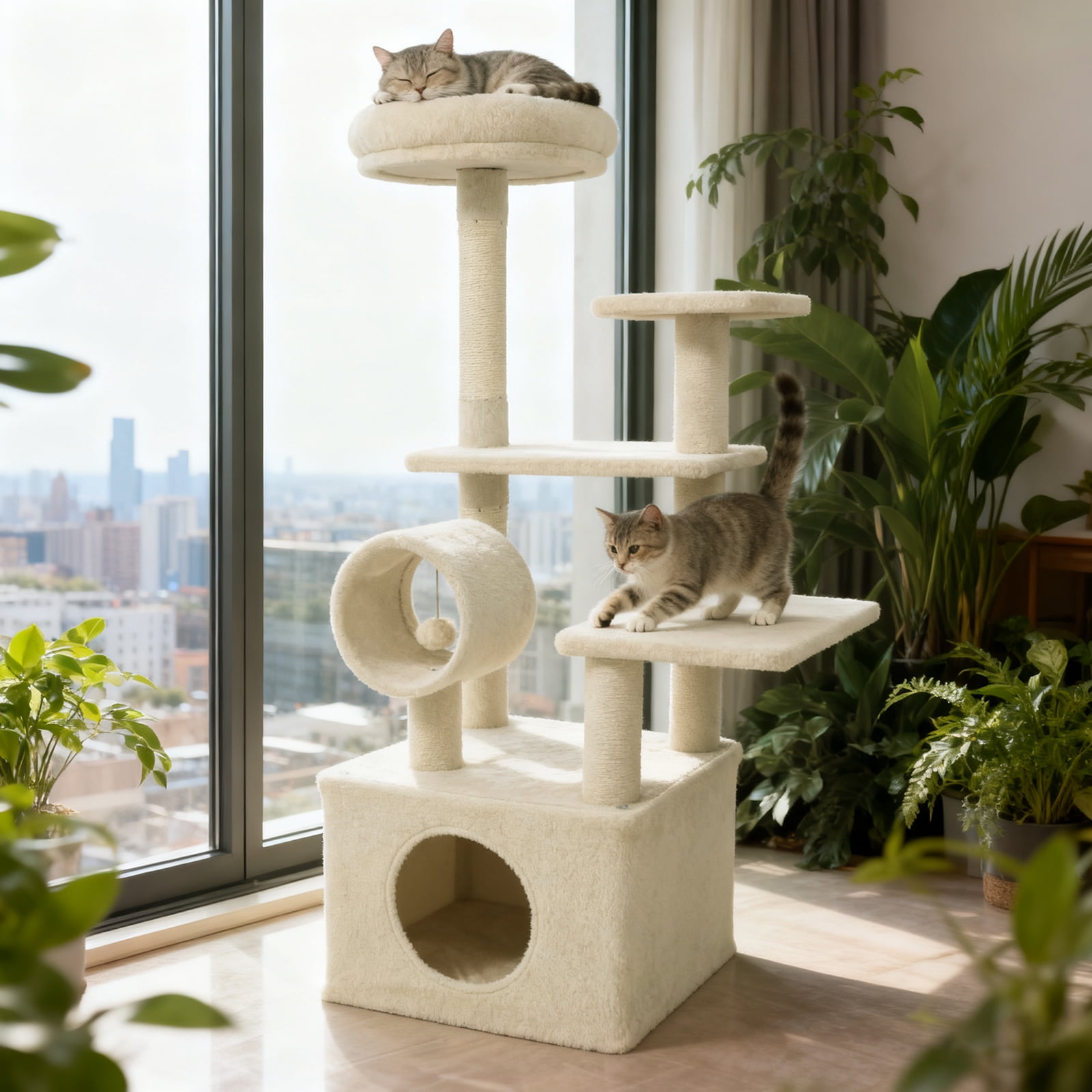 Gymax 48'' Tall Cat Tree w/ Large Condo Padded Top Perch Jute Scratching Post Tunnel Beige