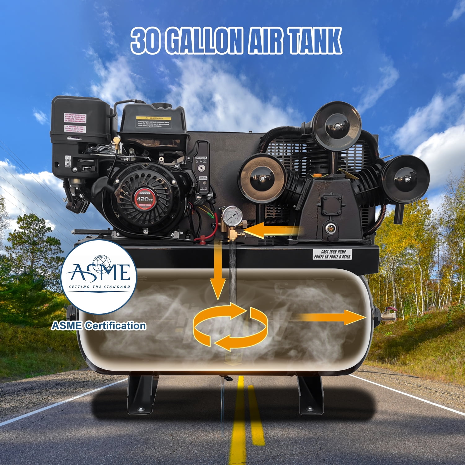 HPDAVV 13HP Gas Powered Air Compressor, 30 Gallon Horizontal ASME Tank, 3-Cylinder Cast Iron Piston Pump, 44 CFM @ 125 PSI for Service Trucks and Mobile Construction