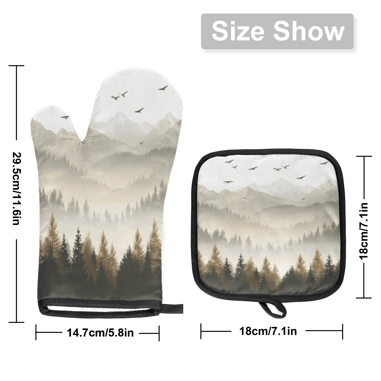 CURLYOOT Landscape Misty Forest Oven Mitts and Pot Holders Sets of 2, Non-Slip Washable Hot Pads and Oven Gloves for Kitchen Cooking Baking