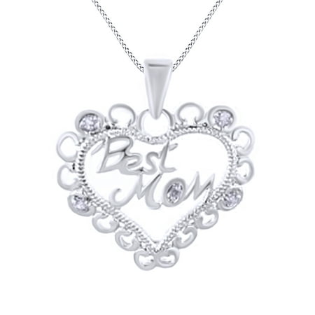 White Natural Diamond Accent "Best Mom" Heart Pendant Necklace in 14k White Gold Over Sterling Silver