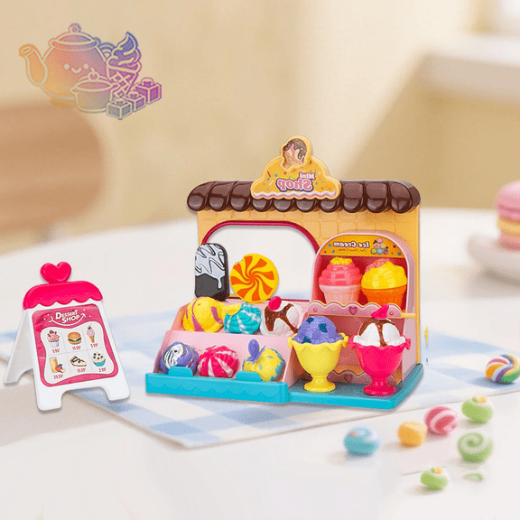 Kids Pretend Ice Cream Shop Playset with Assorted Simulation Ice Cream, Popsicles and Menu Board, Dessert Shop Pretend Play House Toys, Vendor Role Play Toy for Kids Ages 3 and Up