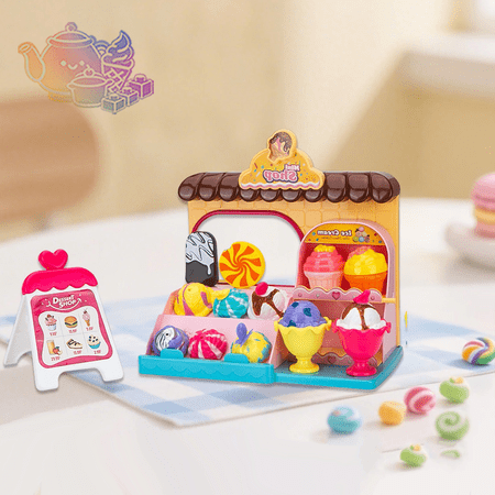 Kids Pretend Ice Cream Shop Playset with Assorted Simulation Ice Cream Popsicles and Menu Board Dessert Shop Pretend Play House Toys Vendor Role Play Toy for Kids Ages 3 and Up