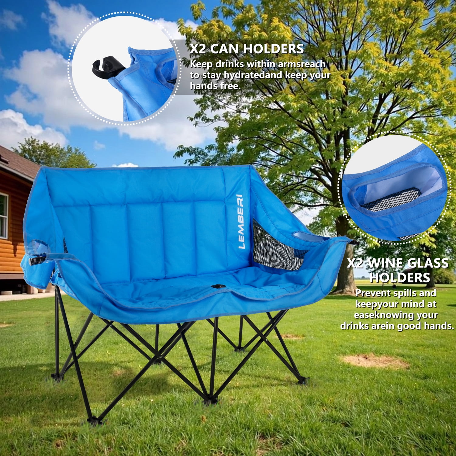 BOSSIN Double Oversized Camping Chairs for Adults,Folding Loveseat Camping Couch Support 440lbs with Back Pocket