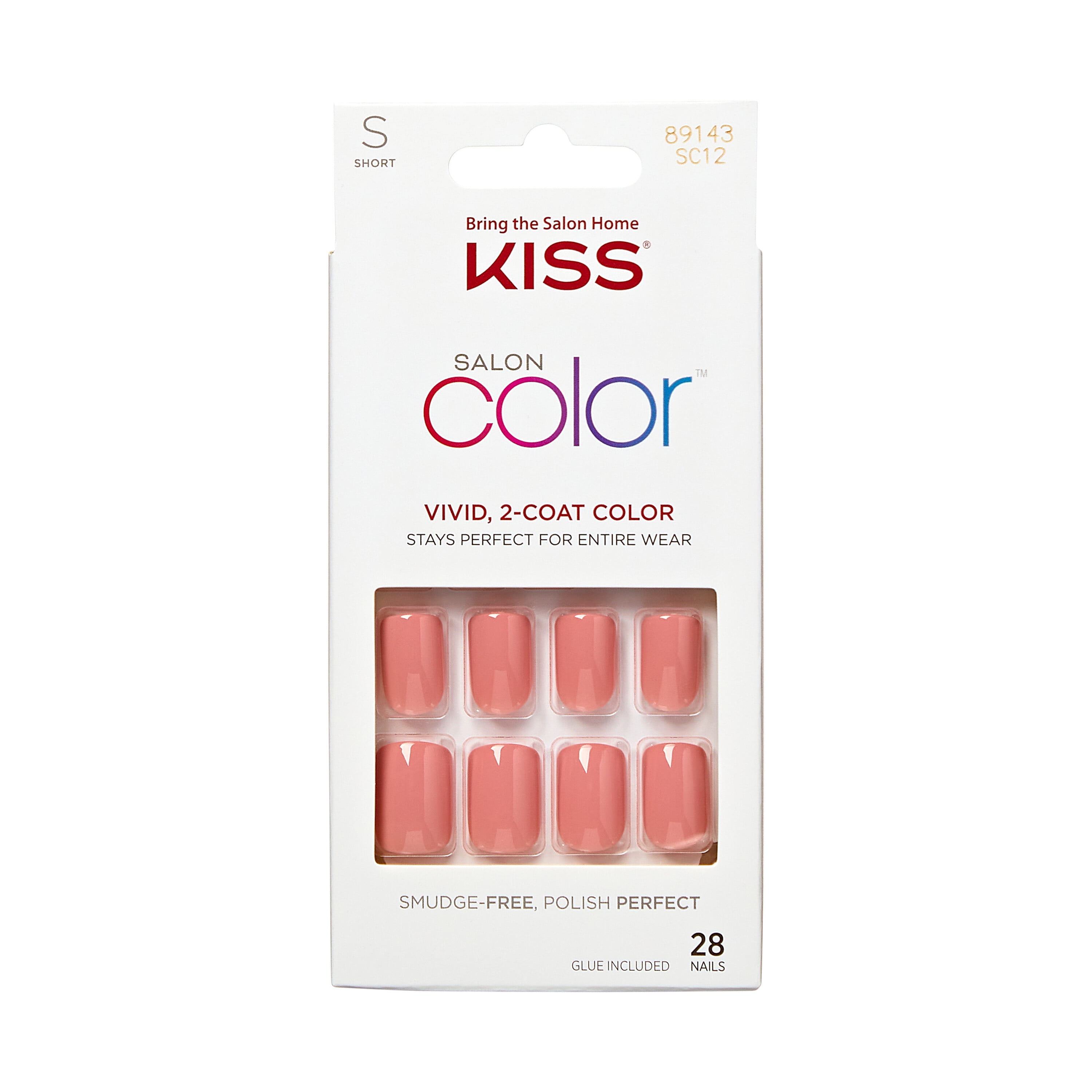 KISS Salon Color Short Square Fake Nails, Glossy Solid Pink, 28 Count