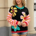 thumbnail image 6 of Sweater for Women Long Sleeve Floral Print Round Neck Striped Patchwork Knitted Sweater Black L, 6 of 6