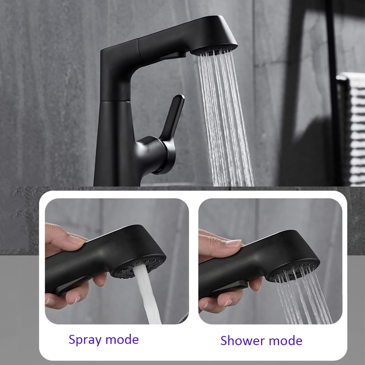 Bathroom Faucet with Pull Out Sprayer, 360° Rotation 2 Modes Faucets for Bathroom, Single Hole Faucet for Bathroom Sink Brass, Bathroom Faucet Single Handle,Black
