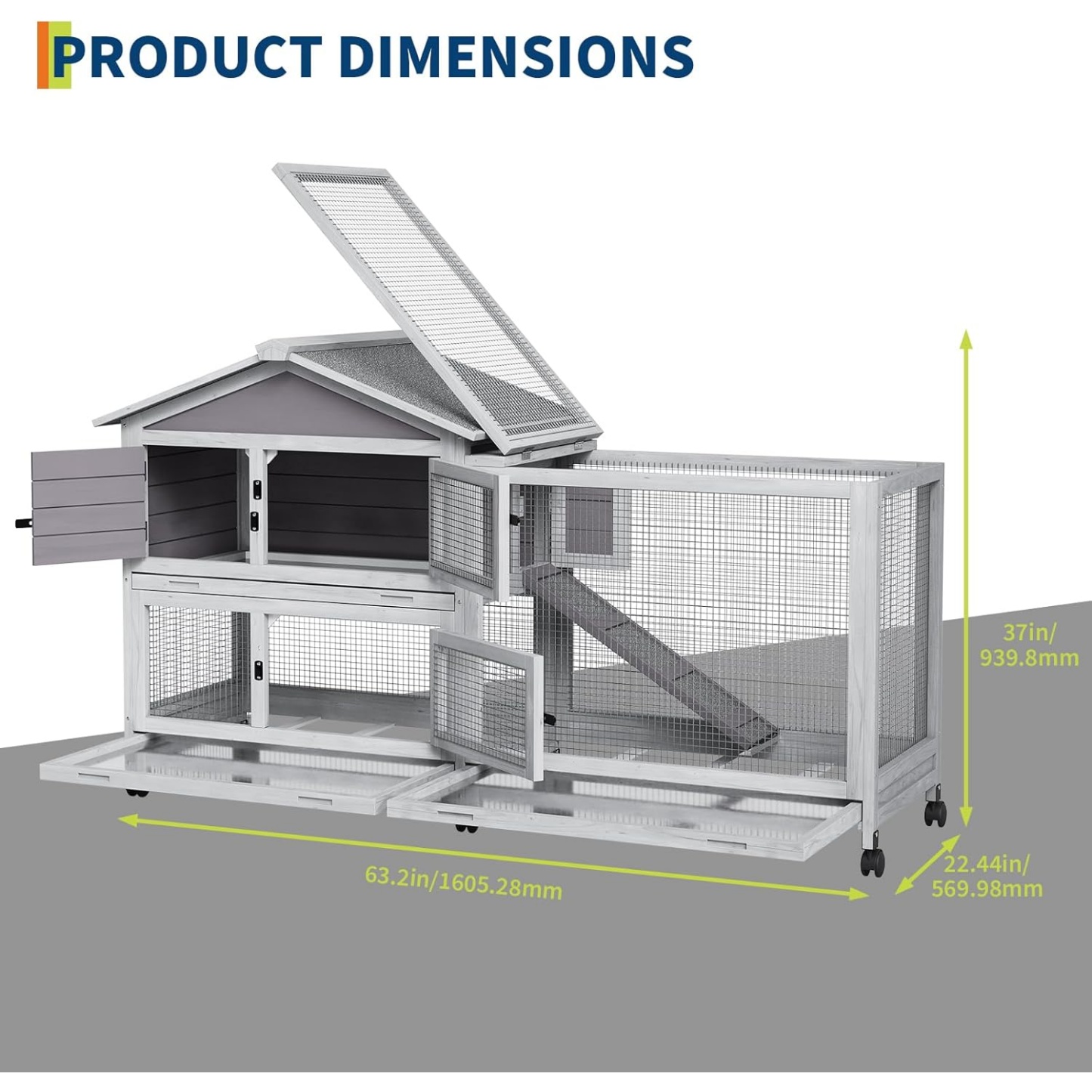 Rabbit Hutch with Weatherproof Roof, Bunny Hutch with 6 Lockable Caster Wheels & Pull-Out Tray, Rabbit Cage for Indoor Outdoor Use