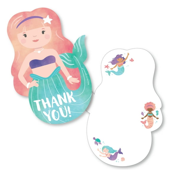 Big Dot of Happiness Mermaid Thank You Cards with Envelopes, Flat Mermaid Birthday Party Blank Thank You Note Cards, Set of 12