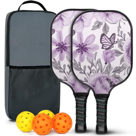 Pickleball Paddles Set Of 2, Fiberglass Surface, Vintage Floral & Butterfly, 4 Balls & Bag