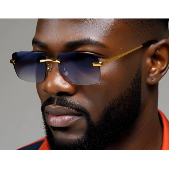Rimless Sunglasses Men Rectangle Blue Lens Gold Frame Fashion Shades Hip Hop New