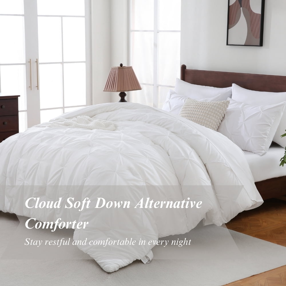 Sheet&Joy 7 Pieces Pinch-Pleated Comforter Set, White Queen Size