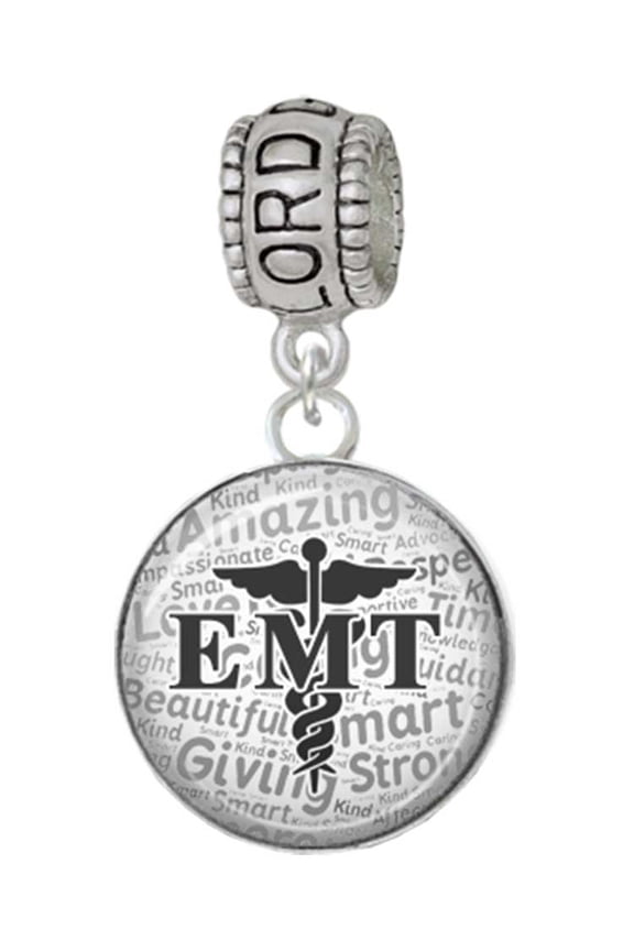 Silvertone Domed Black EMT Lord Guide Me Charm Bead