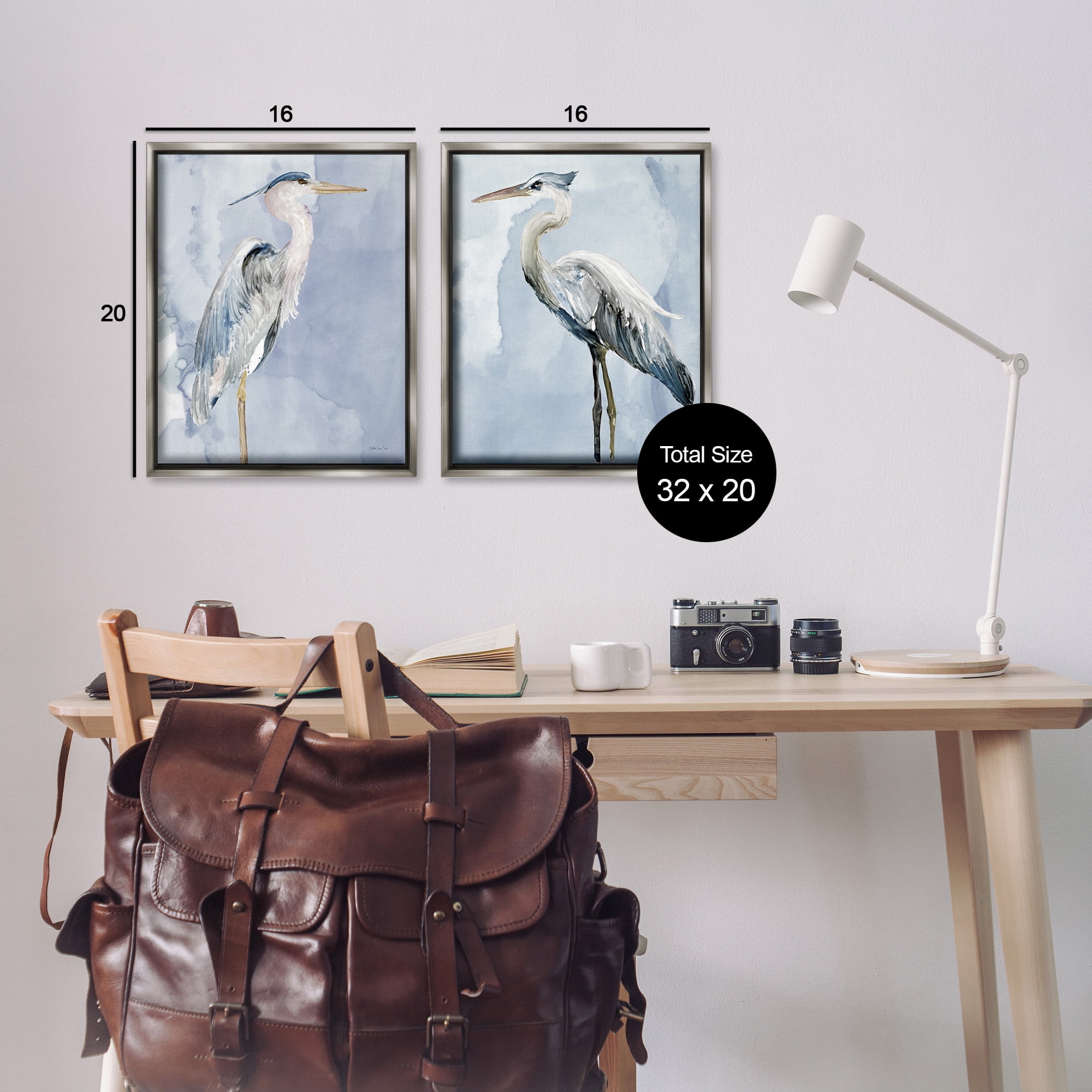 Stupell Industries Heron Birds Standing Blue Sky Animals & Insects Painting Gray Floater Framed Canvas Art Print Wall Art, 17 x 21, Set of 2