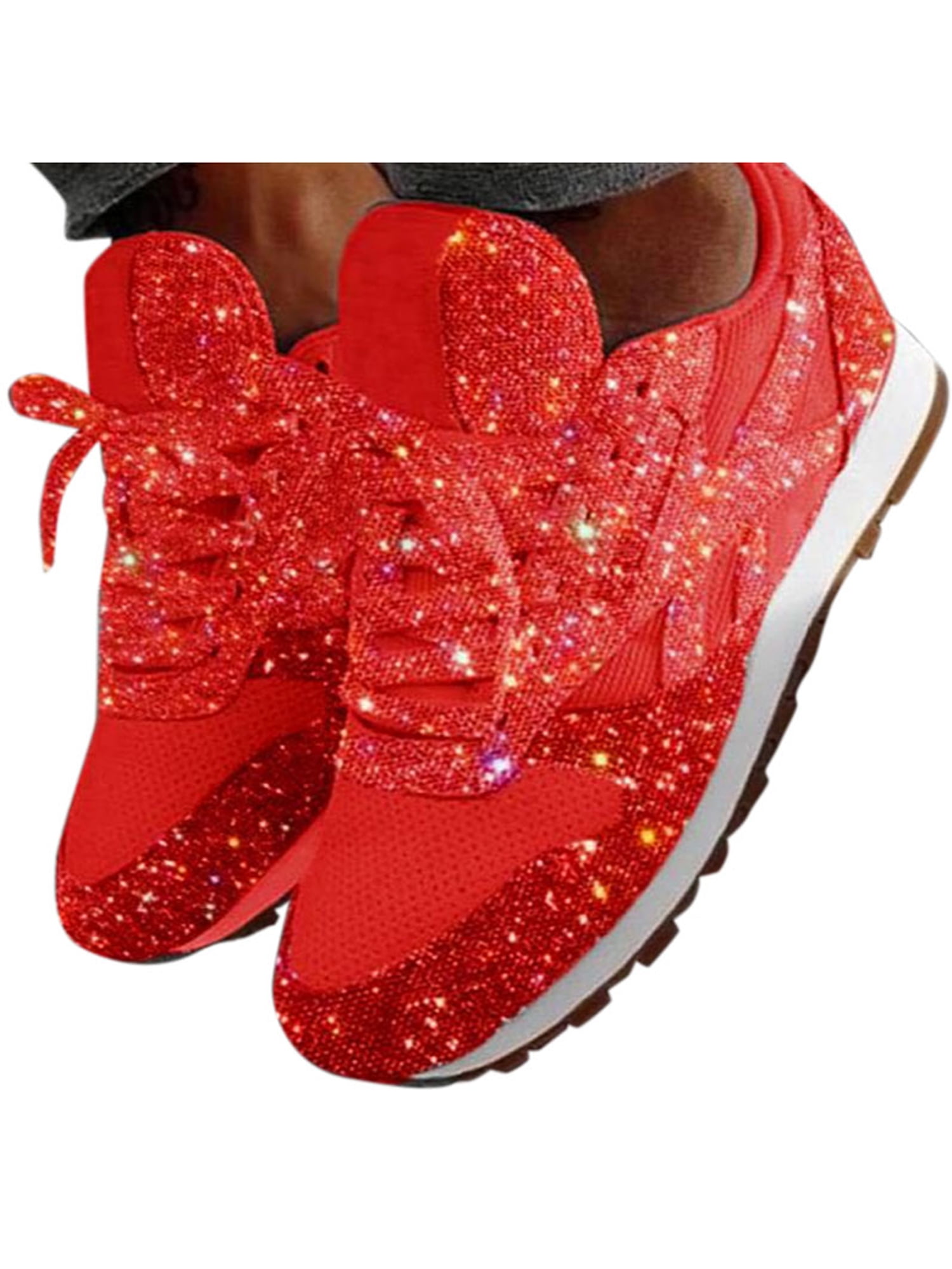 Womens Sequin Glitter Lace Up Fashion Shoes Sport Jogger Smart Athletic Sneakers 