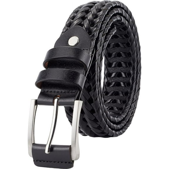 Mens Belts Leather Dress Belt 44-7/8 Inch Casual Woven Leather Belt Men's Imitation Leather Woven Solid Alloy Buckle Hand Belts Gift for Jeans Golf Pants (Black)