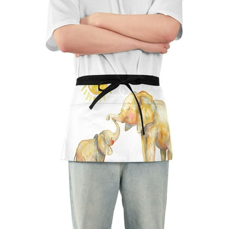 

Watercolor Elephants Waist Apron Adjustable Server Half Apron Kitchen Cooking with 3 Pockets for Men Women